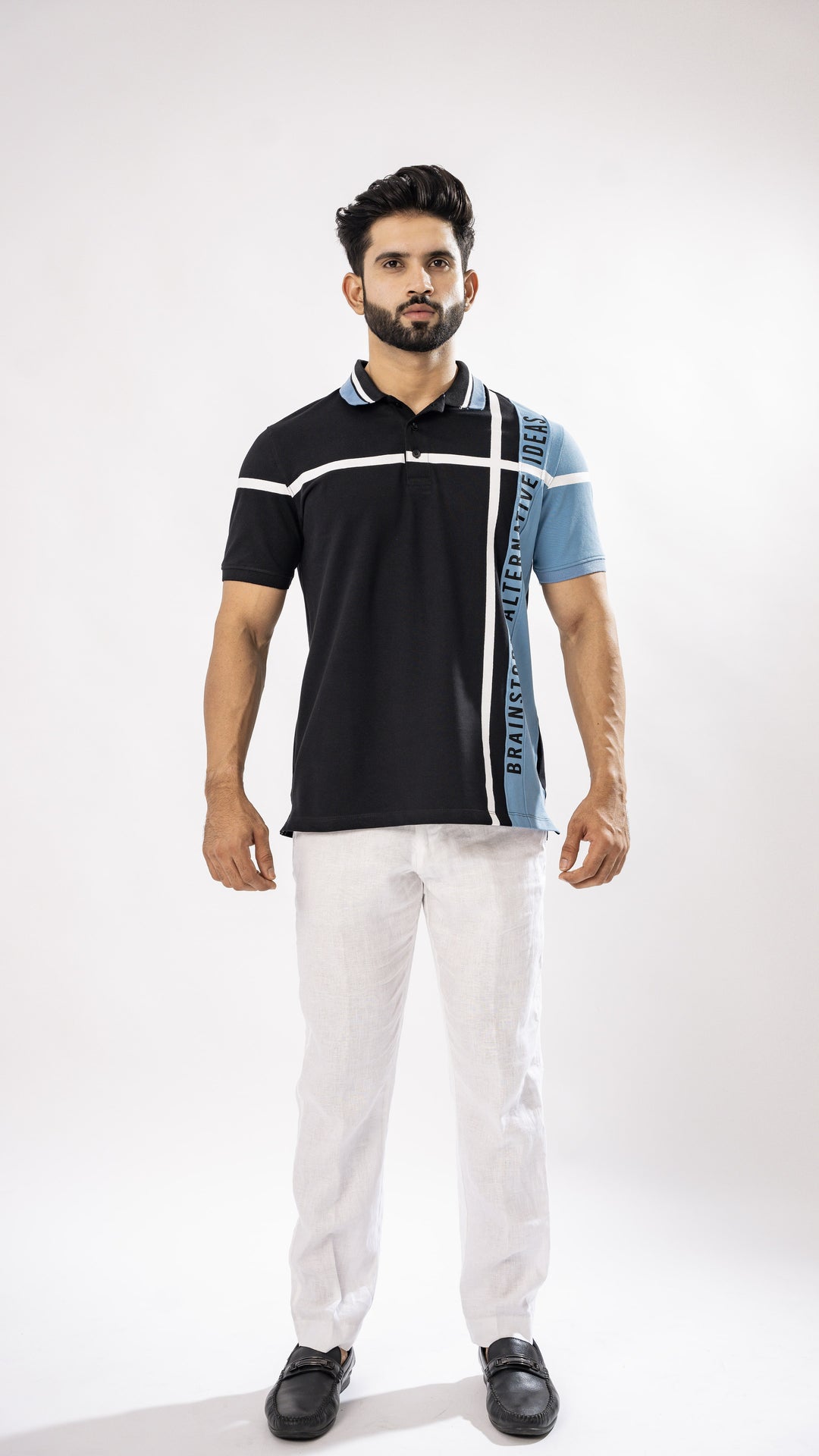 BLUE AND BLACK STRIPED ORGANIC COTTON MERCERISED PIQUE POLO TEE - Royaltail