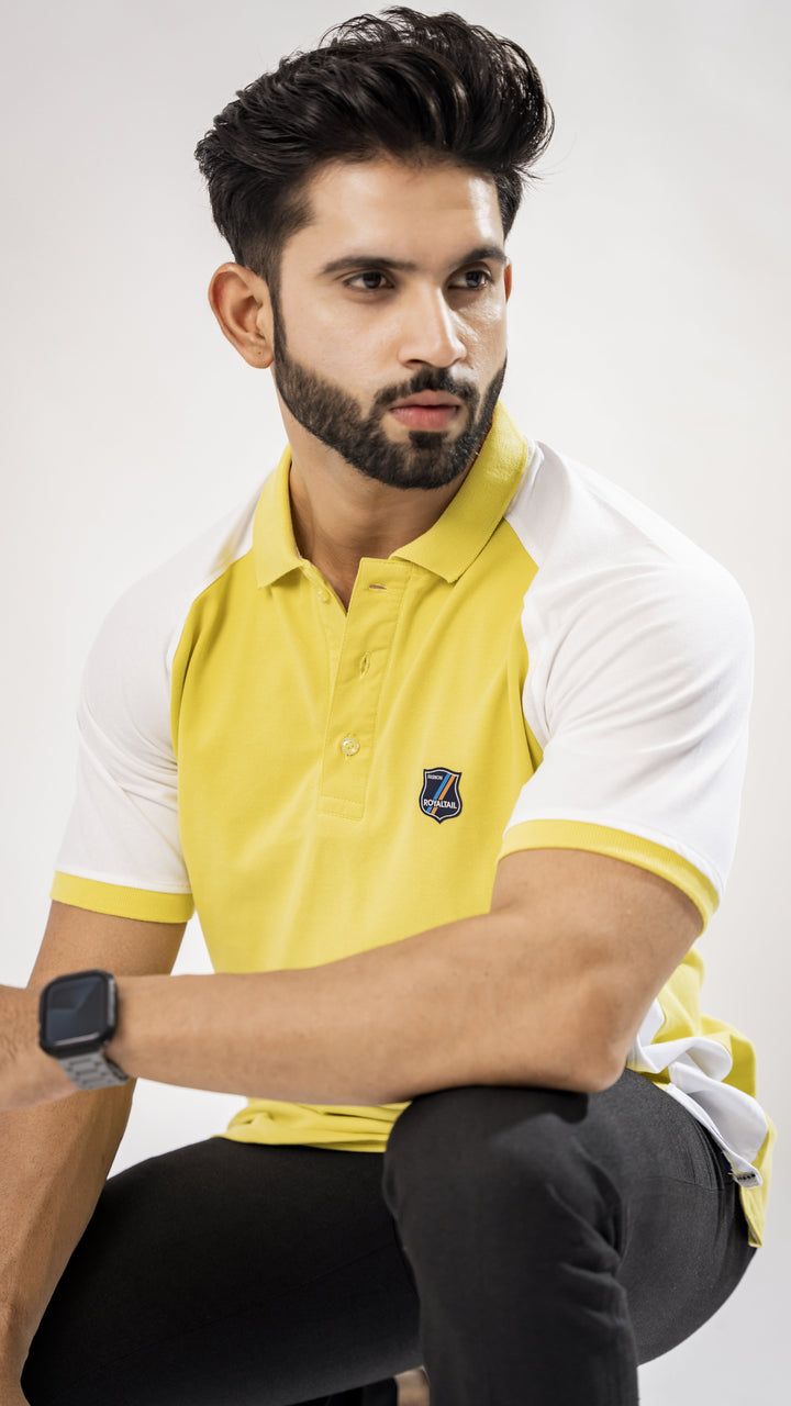 WHITE AND YELLOW SUPER SOFT COTTON MERCERISED PIQUE POLO TEE - Royaltail