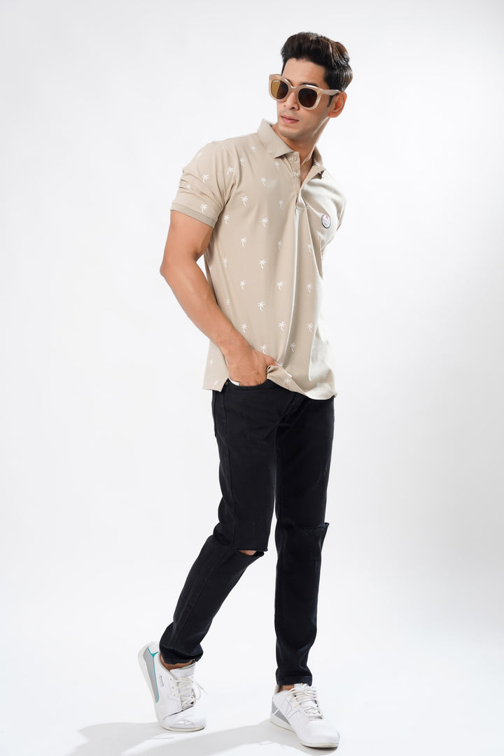 Wafer Cream Printed Cotton Mercerised Pique Polo Tee - ROYALTAIL