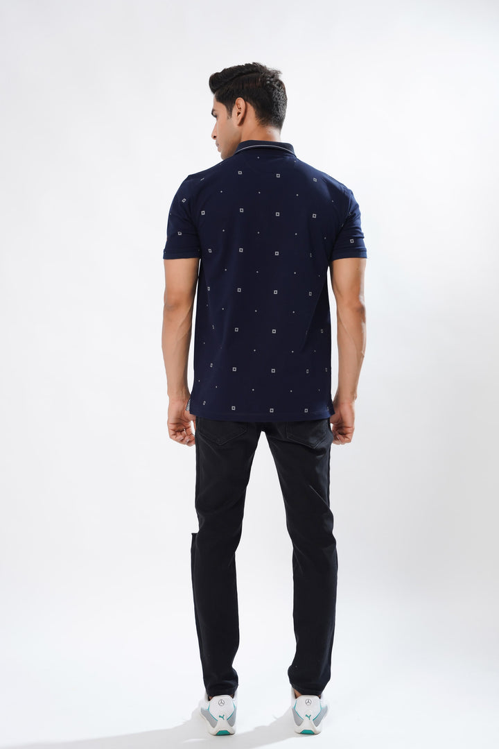 Blue Multicolour Textured Cotton Pique Polo Tshirt - ROYALTAIL