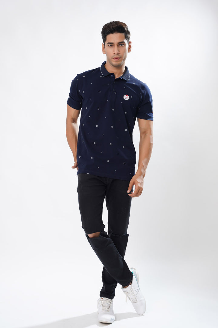 Blue Multicolour Textured Cotton Pique Polo Tshirt - ROYALTAIL