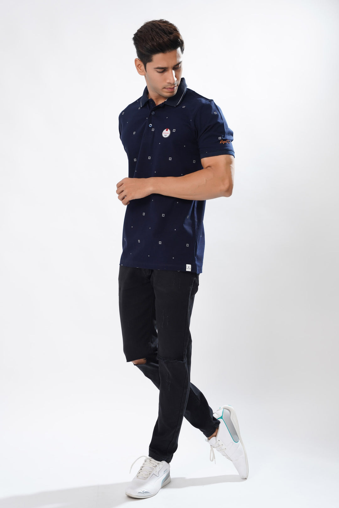 Blue Multicolour Textured Cotton Pique Polo Tshirt - ROYALTAIL