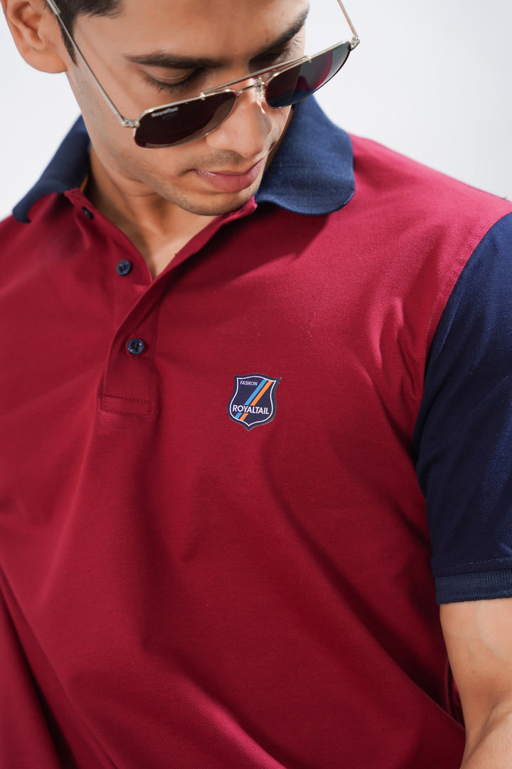 Maroon And Navy Organic Cotton Mercerised Pique Polo Tee