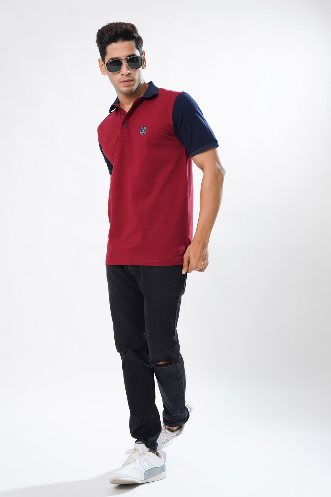 Maroon And Navy Organic Cotton Mercerised Pique Polo Tee