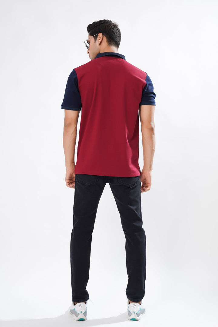 Maroon And Navy Organic Cotton Mercerised Pique Polo Tee