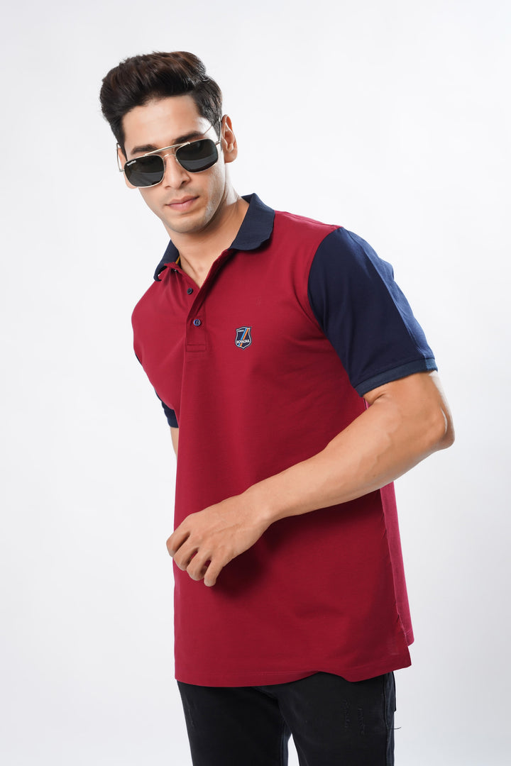 Maroon And Navy Organic Cotton Mercerised Pique Polo Tee