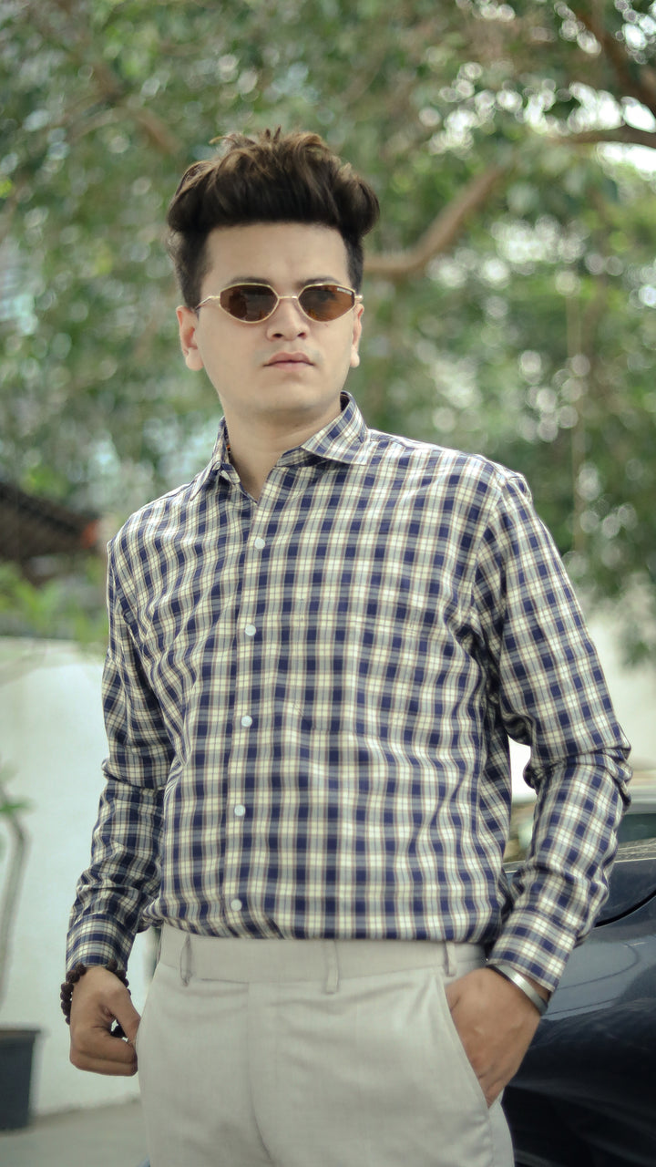 Tea Navy Blue with White Premium Check Patterned Giza Cotton Shirt - ROYALTAIL