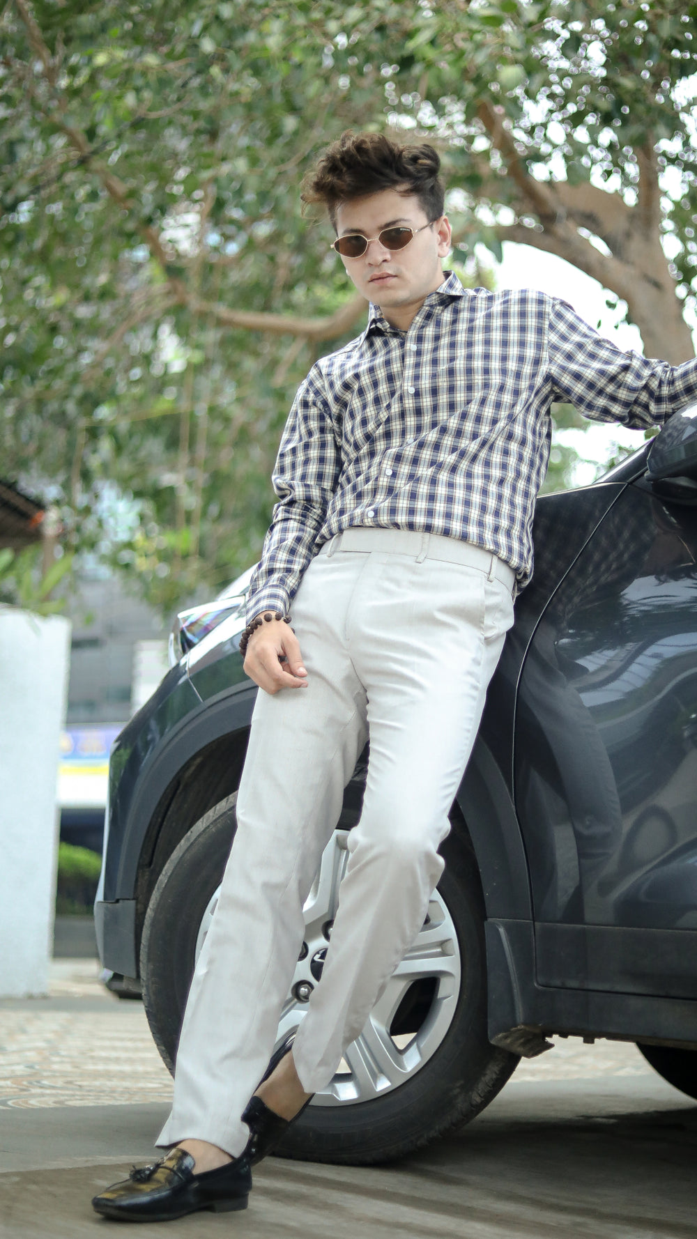 Tea Navy Blue with White Premium Check Patterned Giza Cotton Shirt - ROYALTAIL