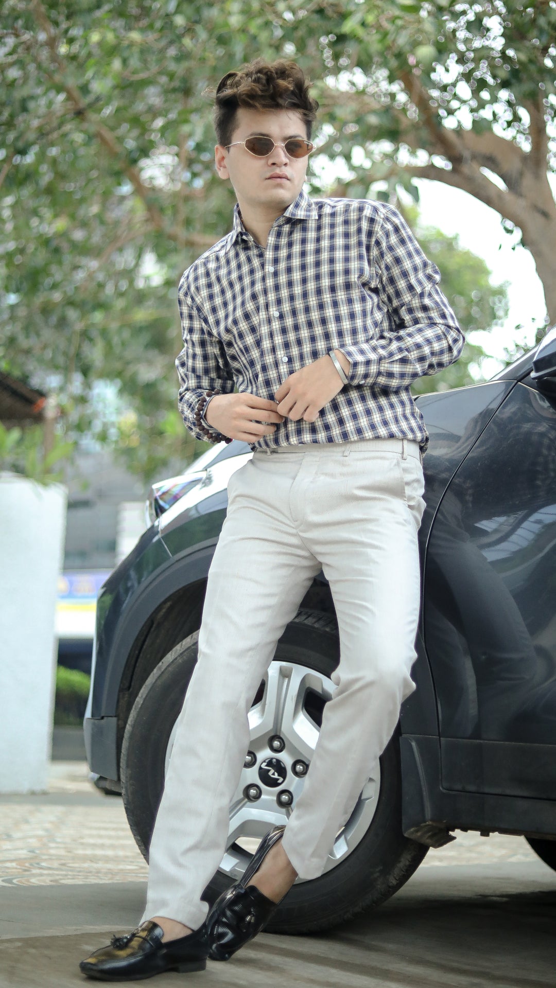 Tea Navy Blue with White Premium Check Patterned Giza Cotton Shirt - ROYALTAIL