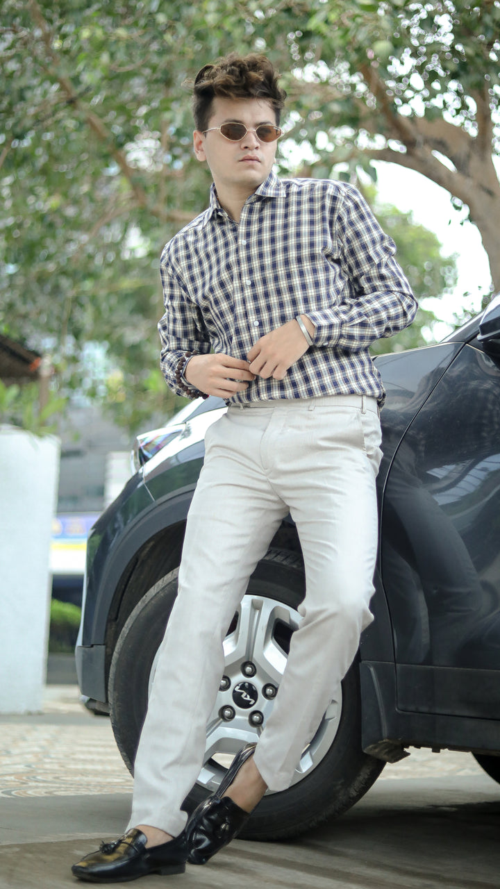 Tea Navy Blue with White Premium Check Patterned Giza Cotton Shirt - ROYALTAIL