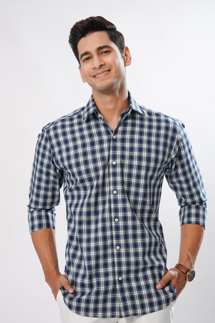 Navy Blue with Cerulean Blue and White Premium Plaid Patterned Giza Cotton Shirt - ROYALTAIL