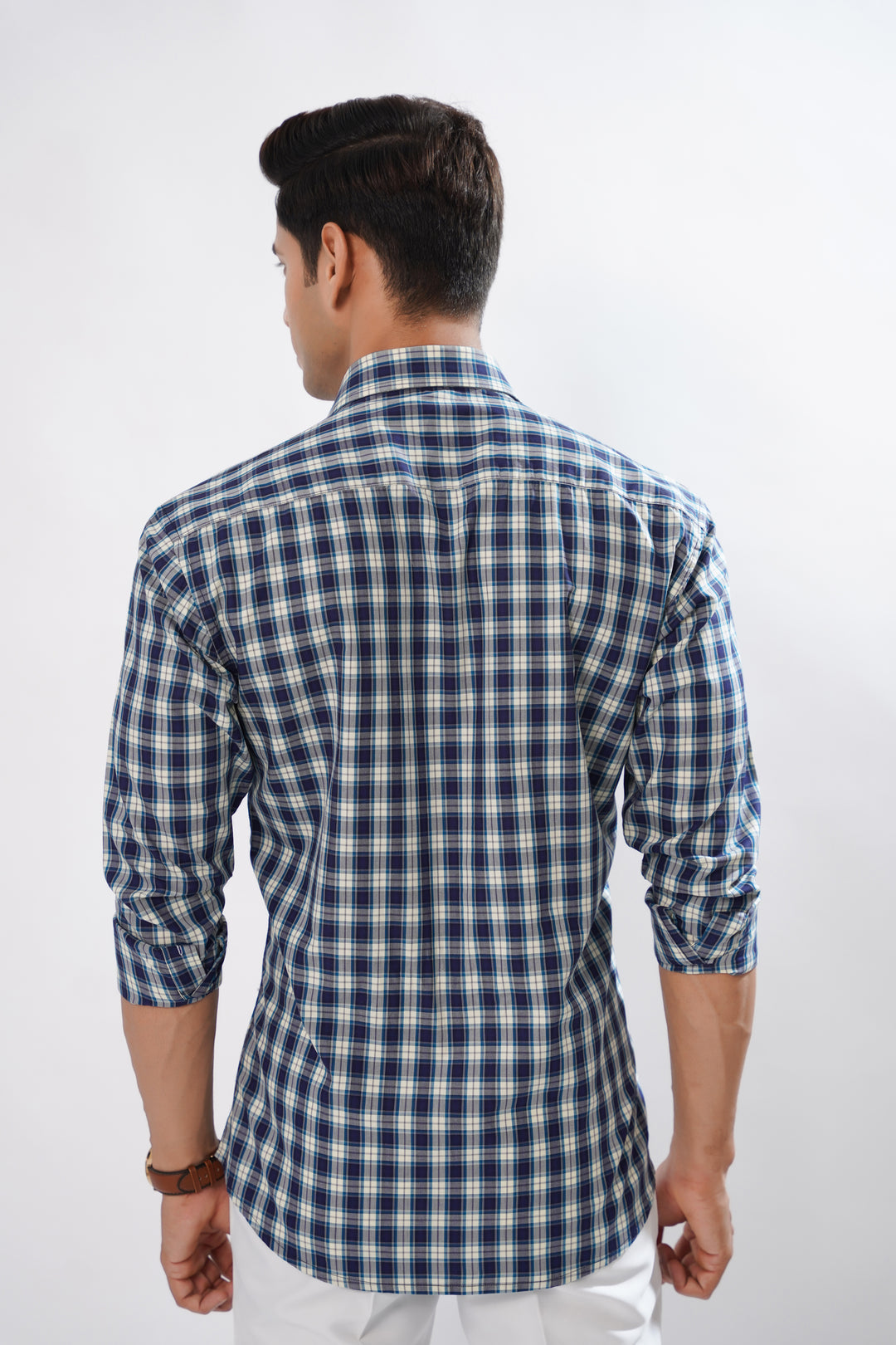 Navy Blue with Cerulean Blue and White Premium Plaid Patterned Giza Cotton Shirt - ROYALTAIL