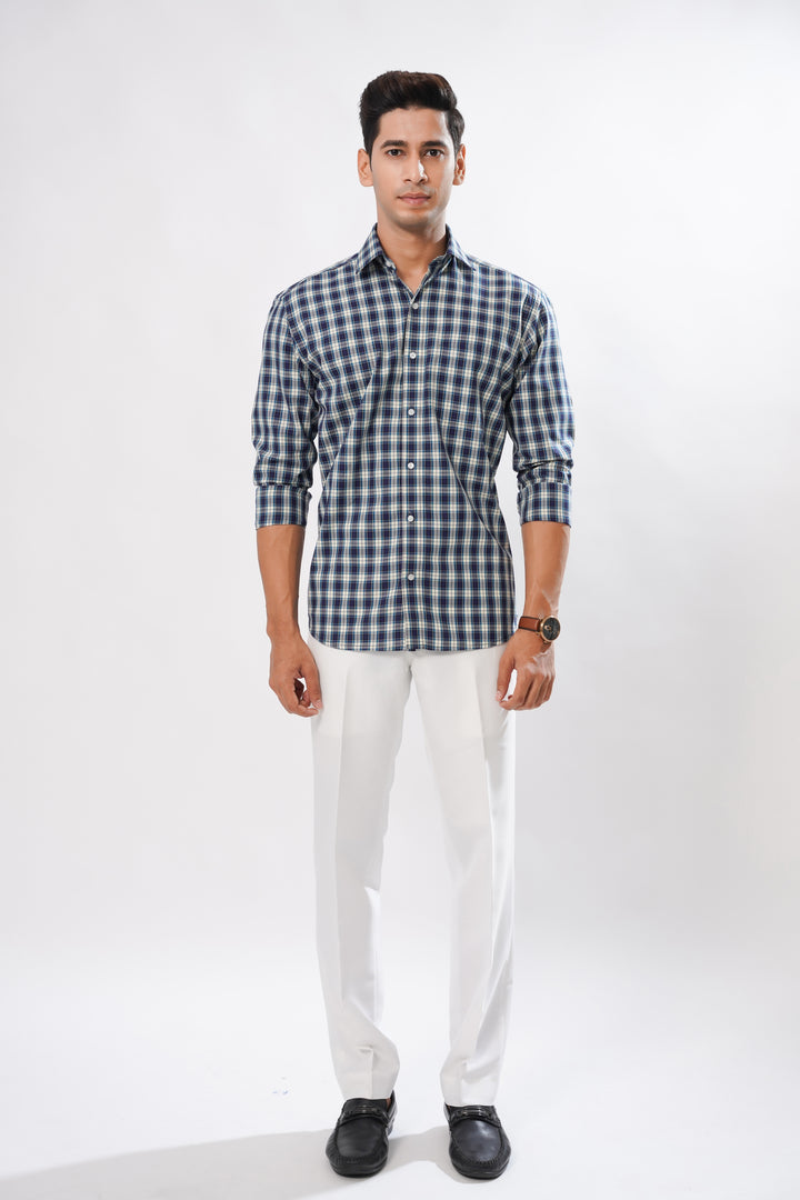 Navy Blue with Cerulean Blue and White Premium Plaid Patterned Giza Cotton Shirt - ROYALTAIL