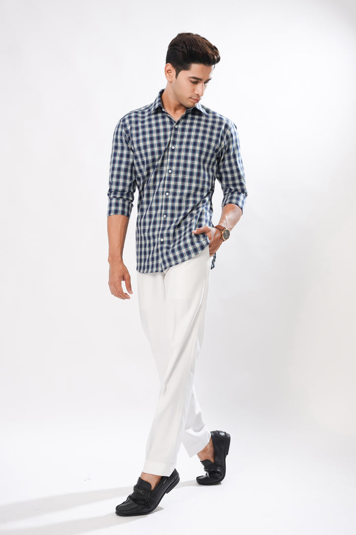 Navy Blue with Cerulean Blue and White Premium Plaid Patterned Giza Cotton Shirt - ROYALTAIL