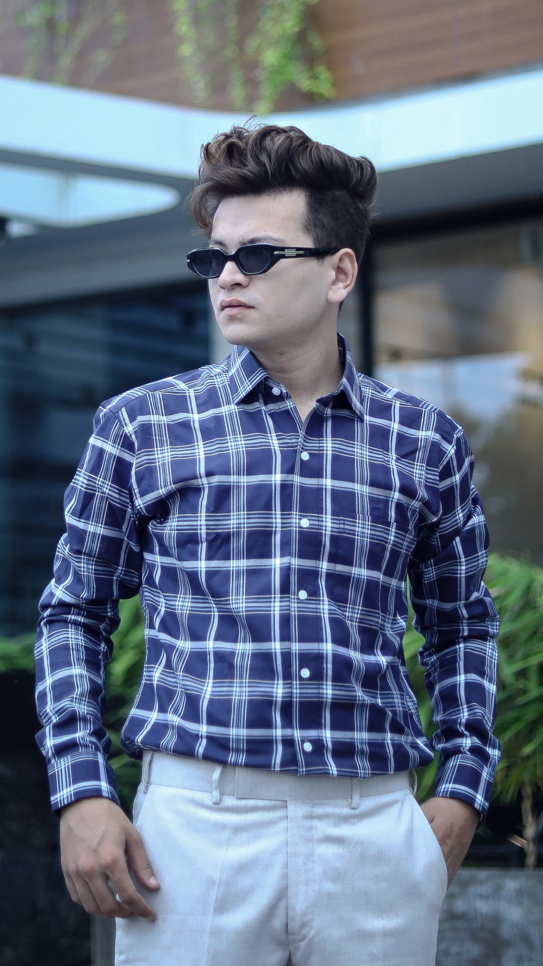 Mid Blue Ground with Navy and White Fine Crosshatch Pattern Classic Custom Shirt main image 1