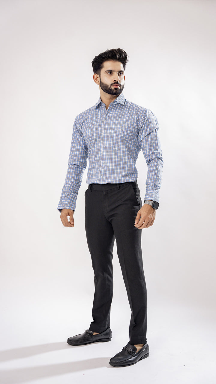 Sky Blue with White Window Pane Premium Check Patterned Giza Cotton Shirt - ROYALTAIL