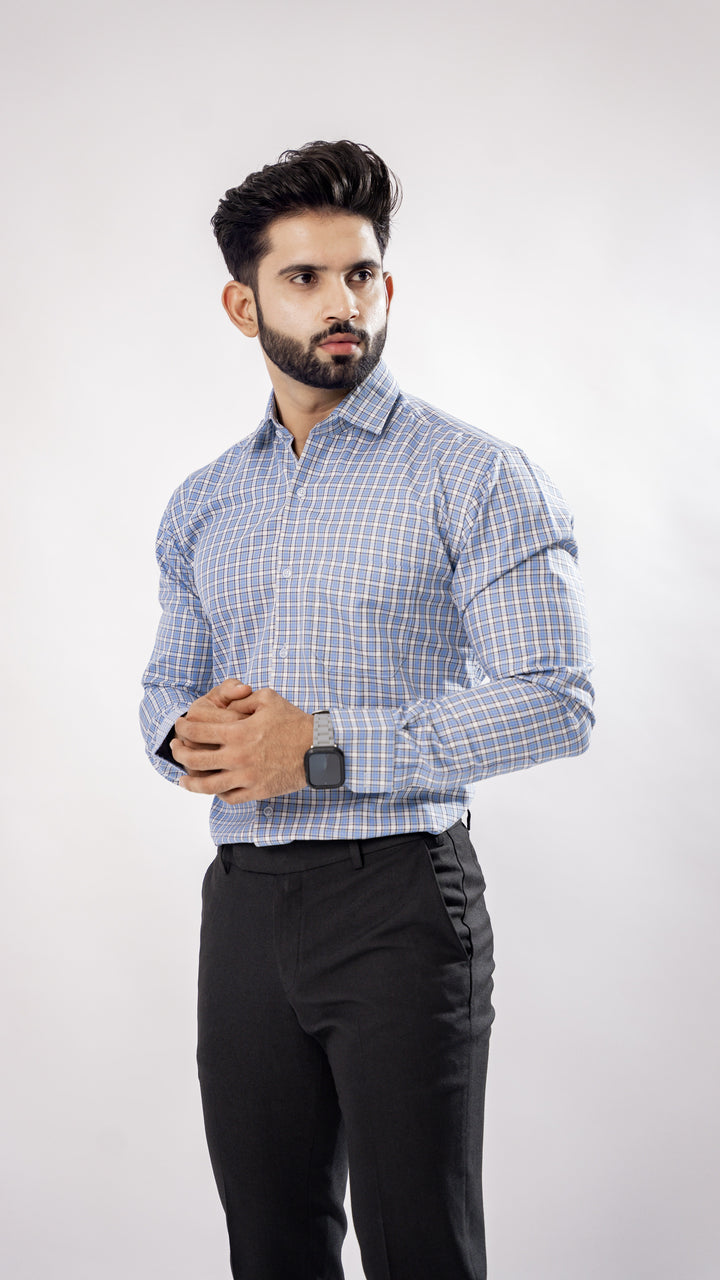 Sky Blue with White Window Pane Premium Check Patterned Giza Cotton Shirt - ROYALTAIL