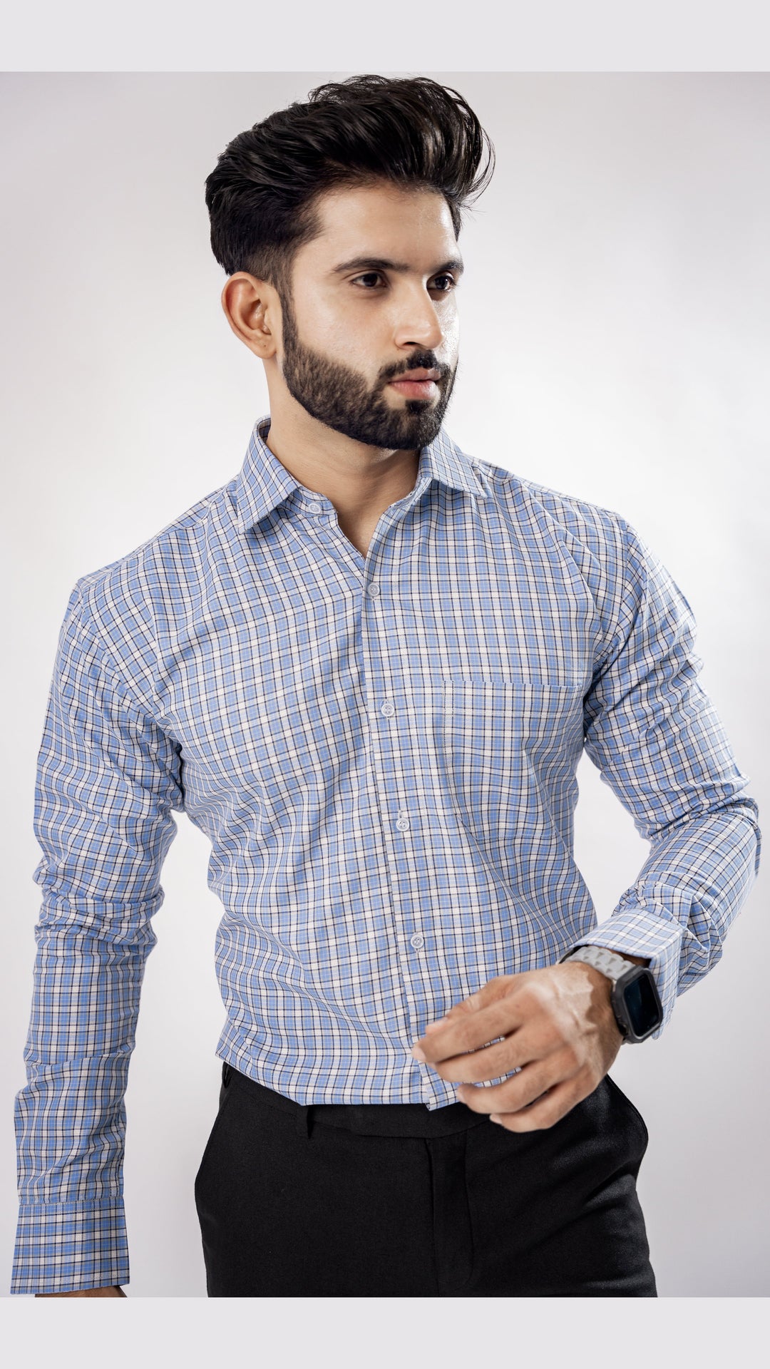 Sky Blue with White Window Pane Premium Check Patterned Giza Cotton Shirt - ROYALTAIL