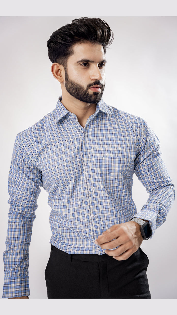 Sky Blue with White Window Pane Premium Check Patterned Giza Cotton Shirt - ROYALTAIL