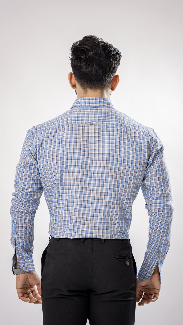 Sky Blue with White Window Pane Premium Check Patterned Giza Cotton Shirt - ROYALTAIL