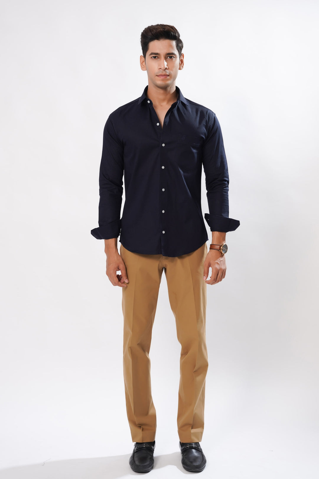 Palermo Navy Blue Solid Oxford Cotton Premium Plaid Shirt - ROYALTAIL