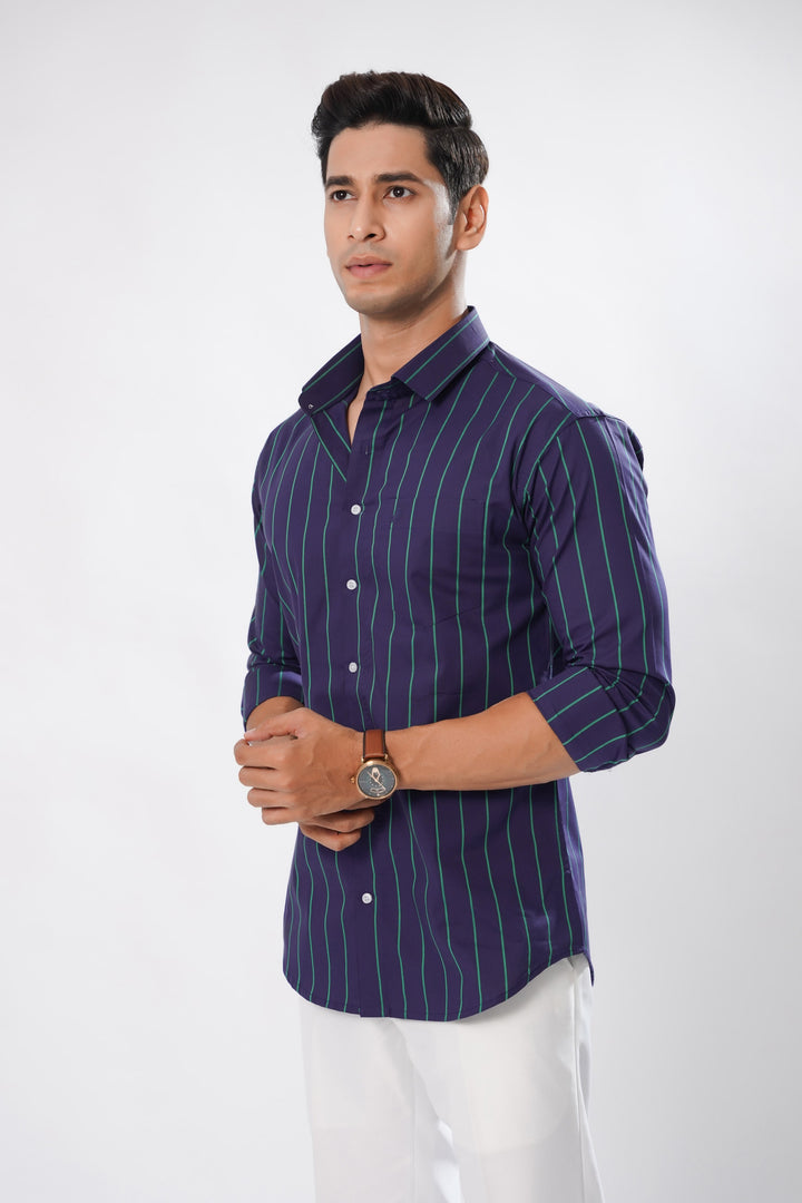 Copperline Navy Blue Striped Cotton Premium Shirt - ROYALTAIL