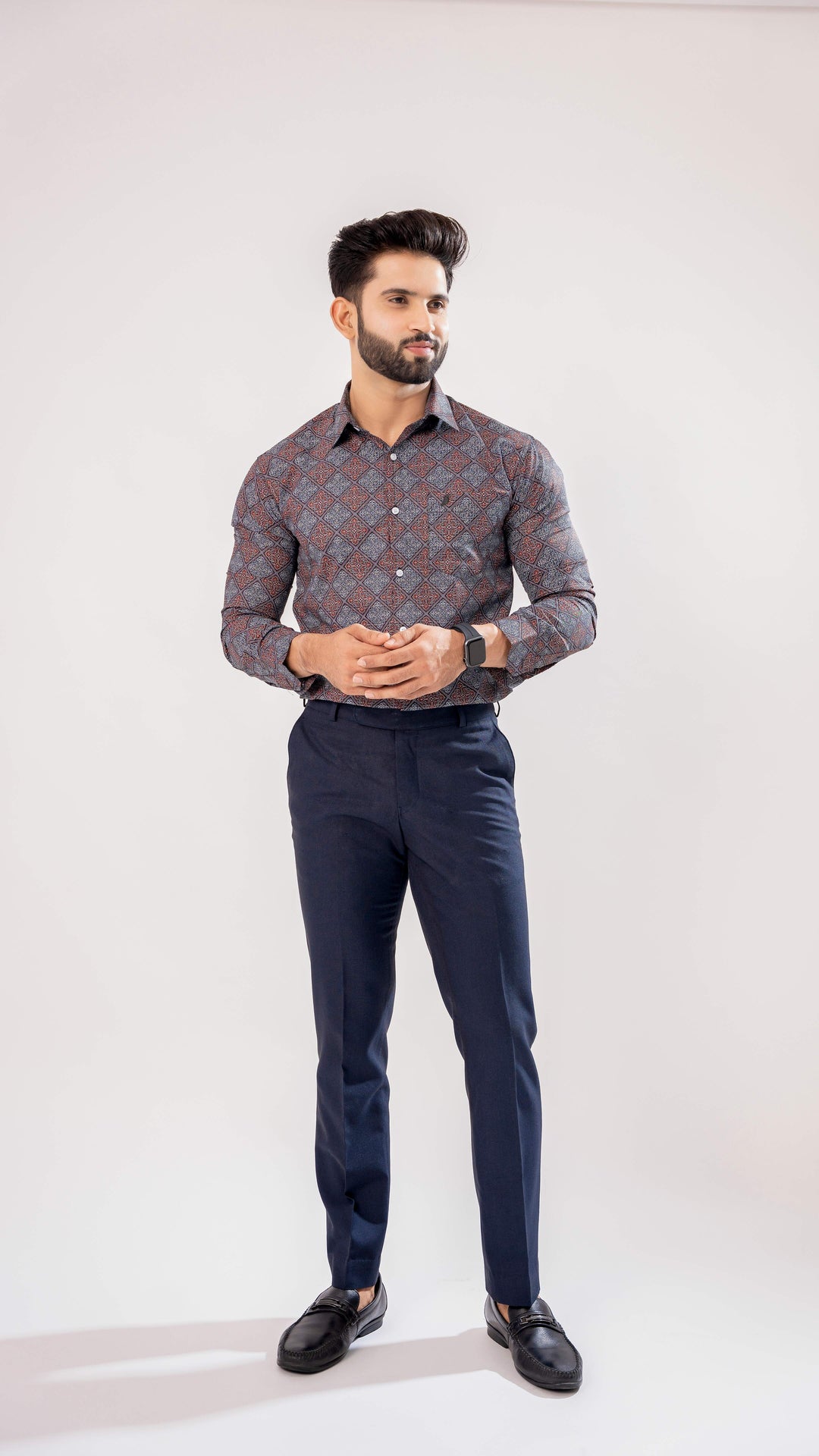 BOYSENBERRY MAROON AND GREY SQURE PRINTED PREMIUM COTTON SHIRT - Royaltail