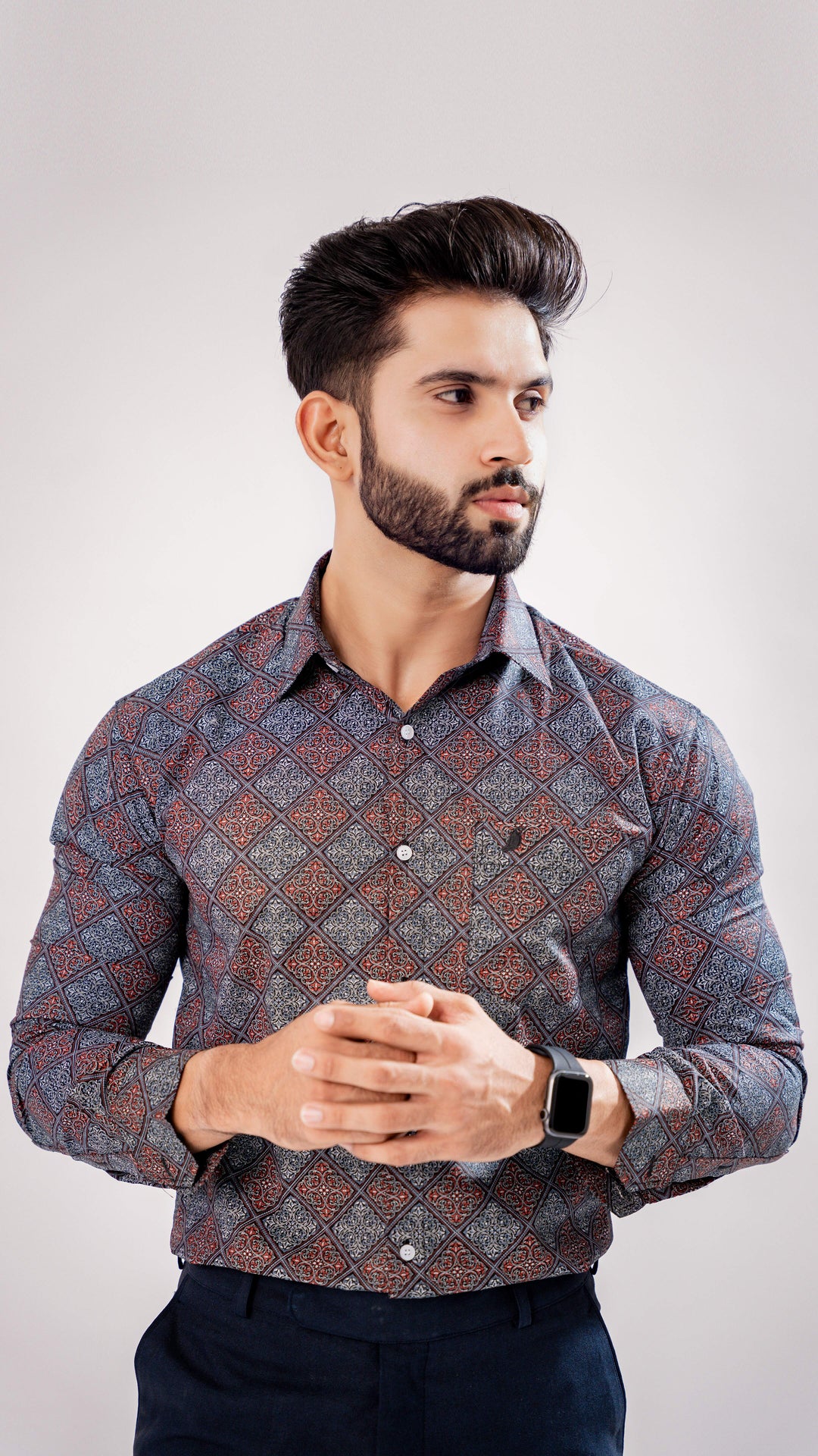 BOYSENBERRY MAROON AND GREY SQURE PRINTED PREMIUM COTTON SHIRT - Royaltail