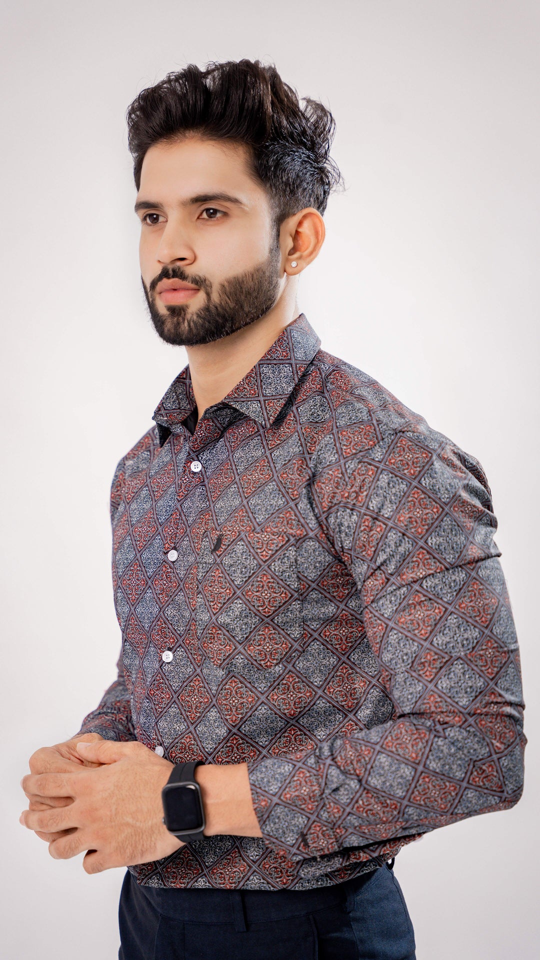 BOYSENBERRY MAROON AND GREY SQURE PRINTED PREMIUM COTTON SHIRT - Royaltail