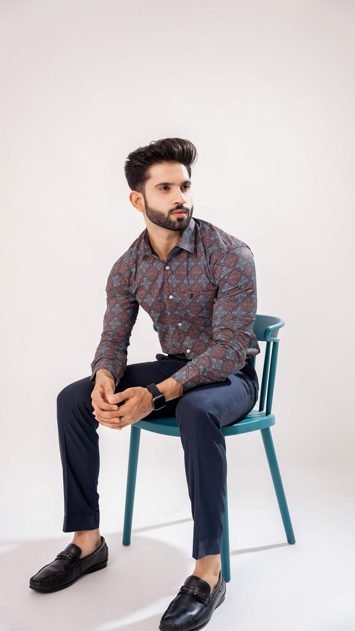 BOYSENBERRY MAROON AND GREY SQURE PRINTED PREMIUM COTTON SHIRT - Royaltail