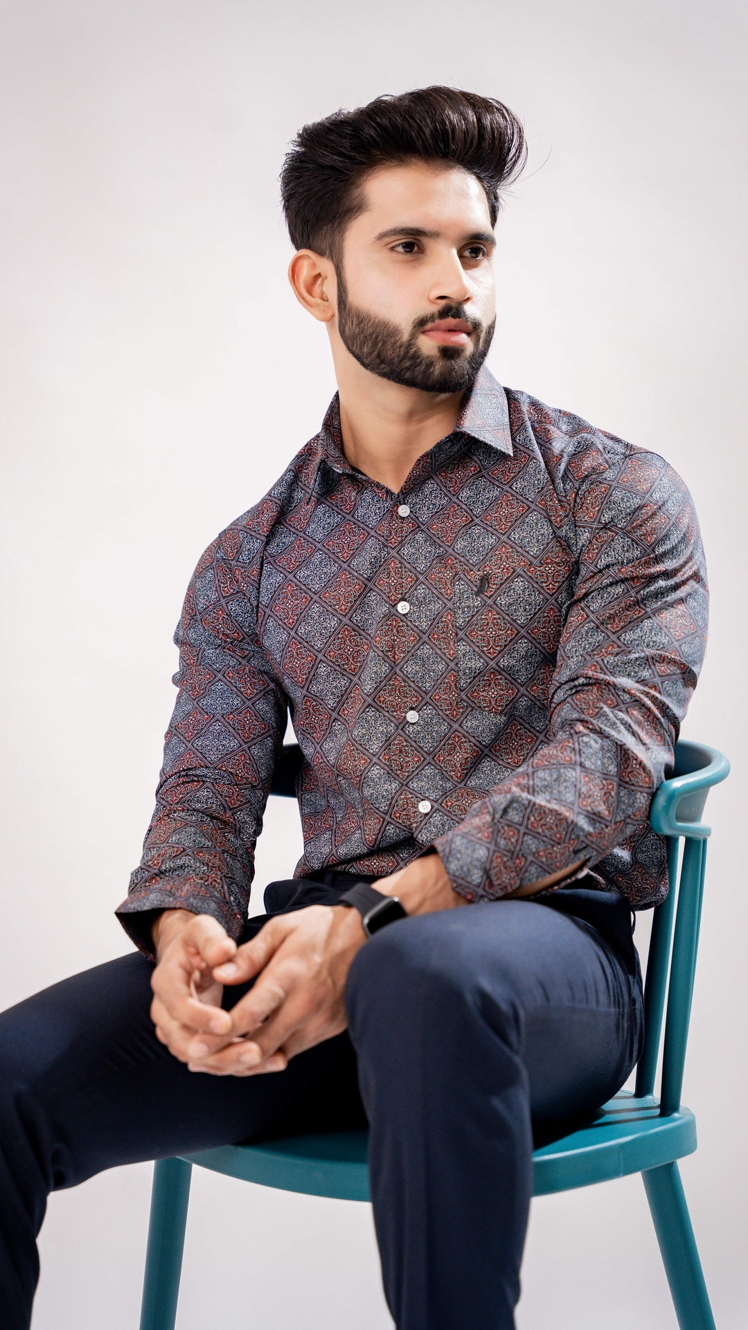 BOYSENBERRY MAROON AND GREY SQURE PRINTED PREMIUM COTTON SHIRT - Royaltail