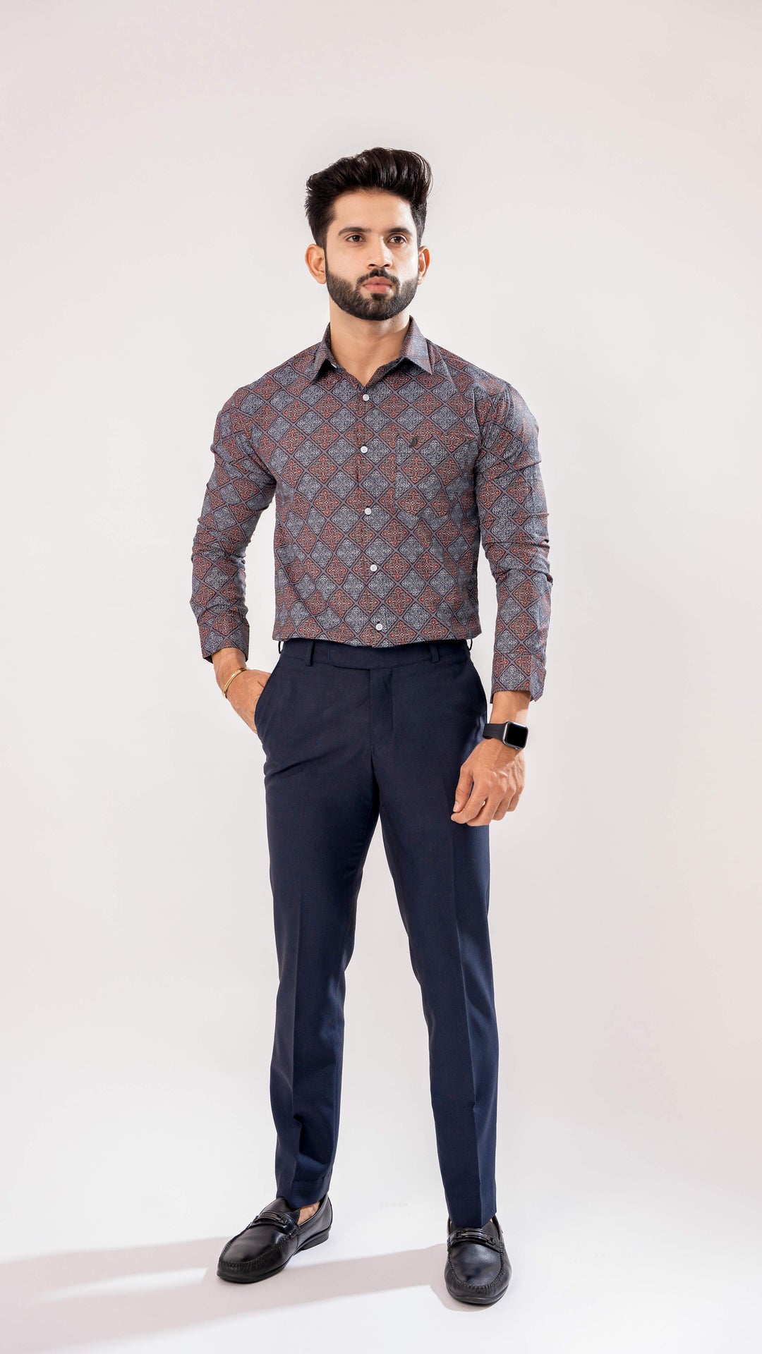 BOYSENBERRY MAROON AND GREY SQURE PRINTED PREMIUM COTTON SHIRT - Royaltail