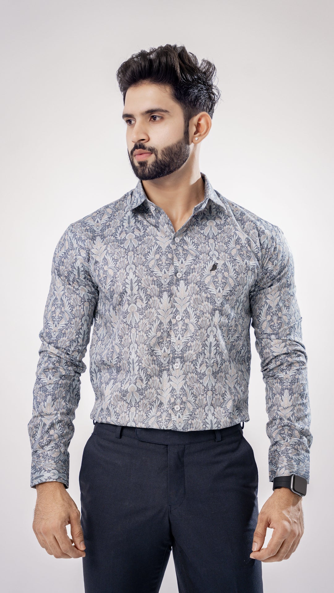 DARK GRAY FLORAL PRINTED PREMIUM COTTON SHIRT - Royaltail