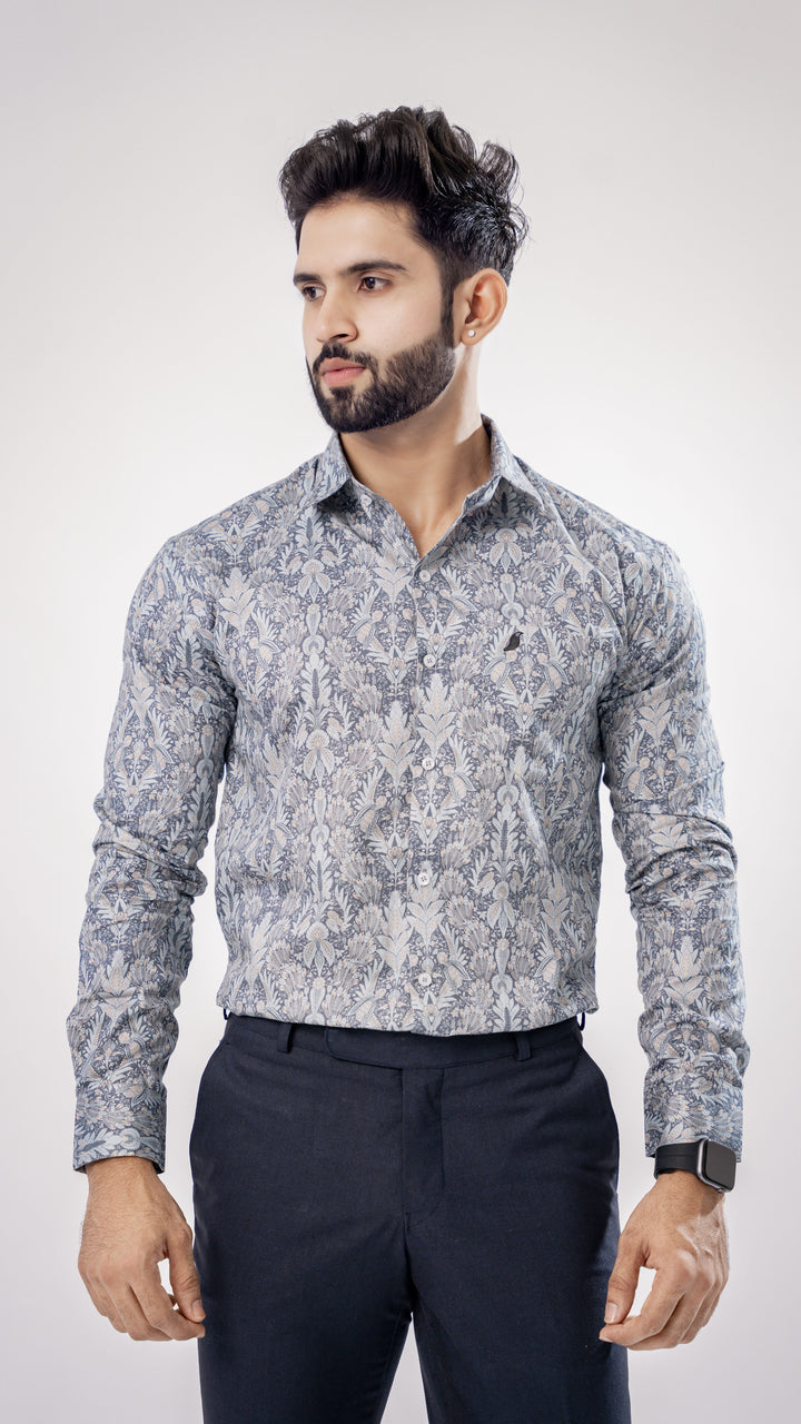 DARK GRAY FLORAL PRINTED PREMIUM COTTON SHIRT - Royaltail