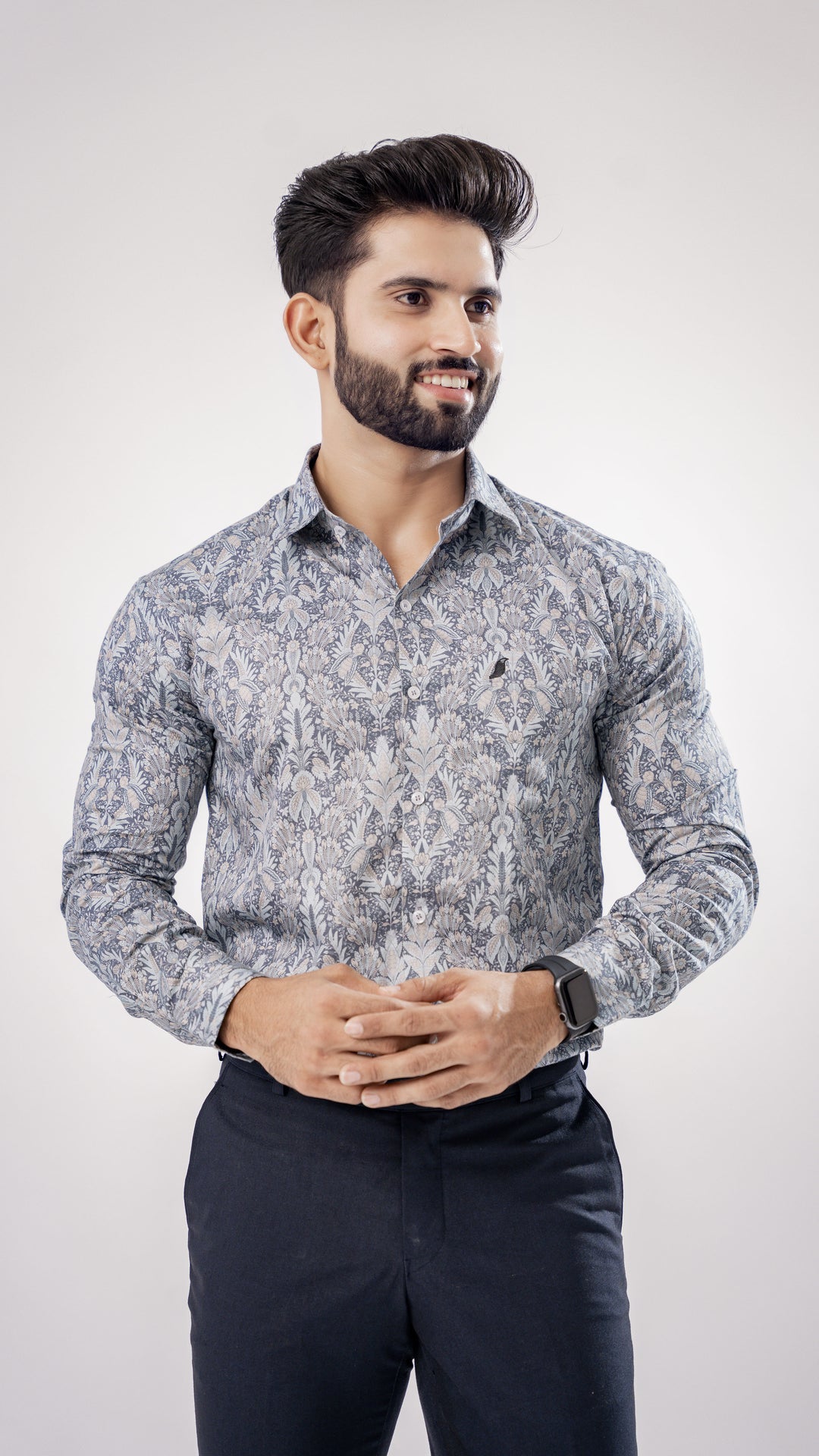 DARK GRAY FLORAL PRINTED PREMIUM COTTON SHIRT - Royaltail