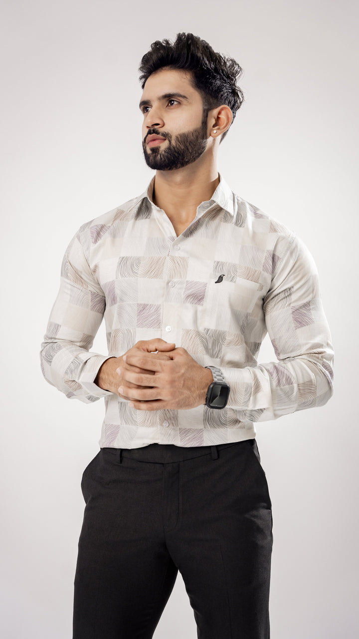 BRIGHT WHITE AND SQURE PRINT SUPER SOFT PREMIUM COTTON SHIRT - Royaltail