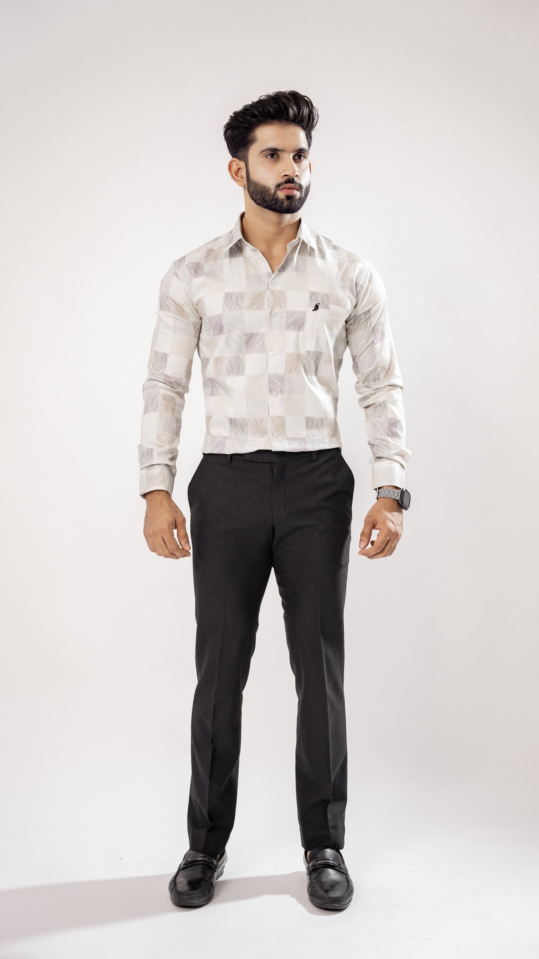 BRIGHT WHITE AND SQURE PRINT SUPER SOFT PREMIUM COTTON SHIRT - Royaltail