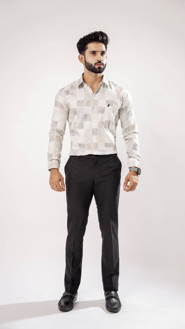 BRIGHT WHITE AND SQURE PRINT SUPER SOFT PREMIUM COTTON SHIRT - Royaltail