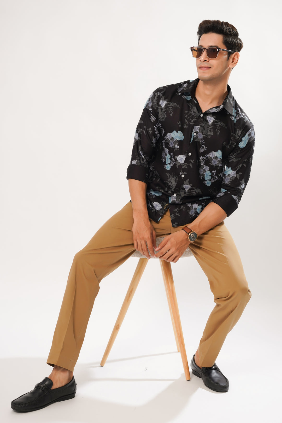 Black Flower Print Premium Cotton Shirt - ROYALTAIL