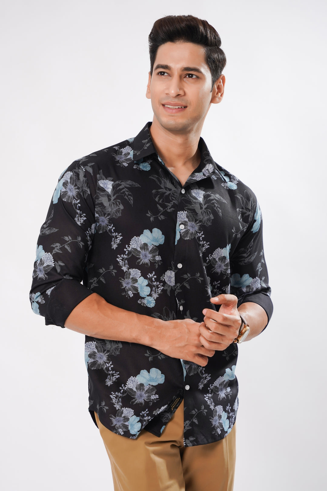 Black Flower Print Premium Cotton Shirt - ROYALTAIL