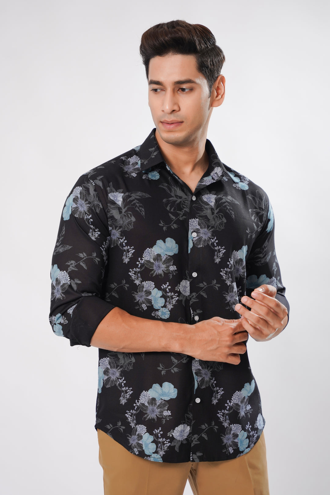 Black Flower Print Premium Cotton Shirt - ROYALTAIL