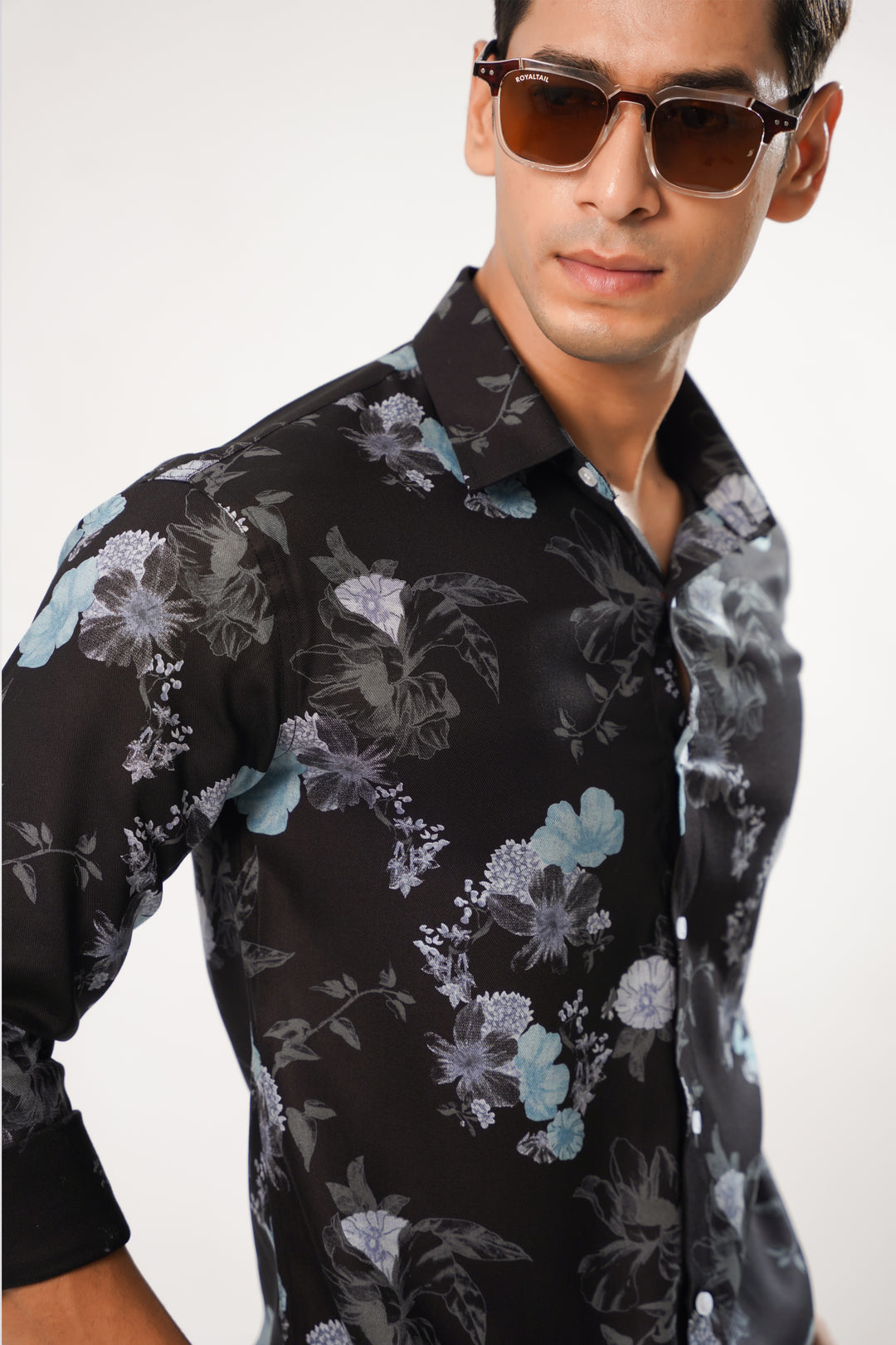 Black Flower Print Premium Cotton Shirt - ROYALTAIL