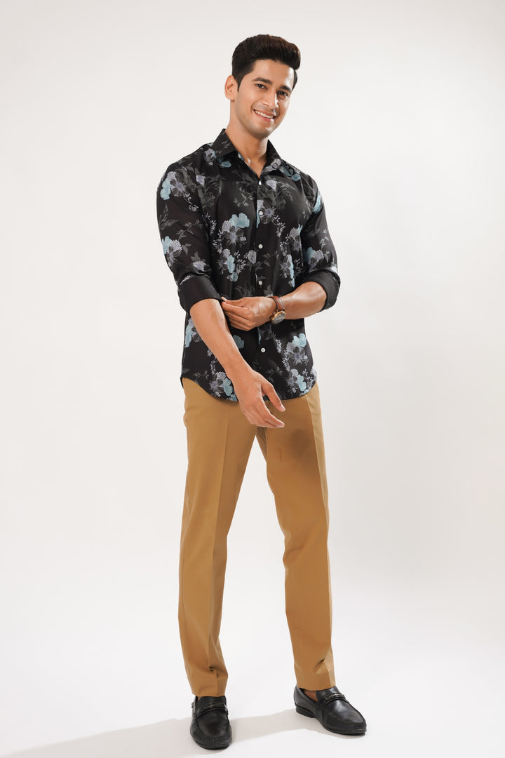 Black Flower Print Premium Cotton Shirt - ROYALTAIL