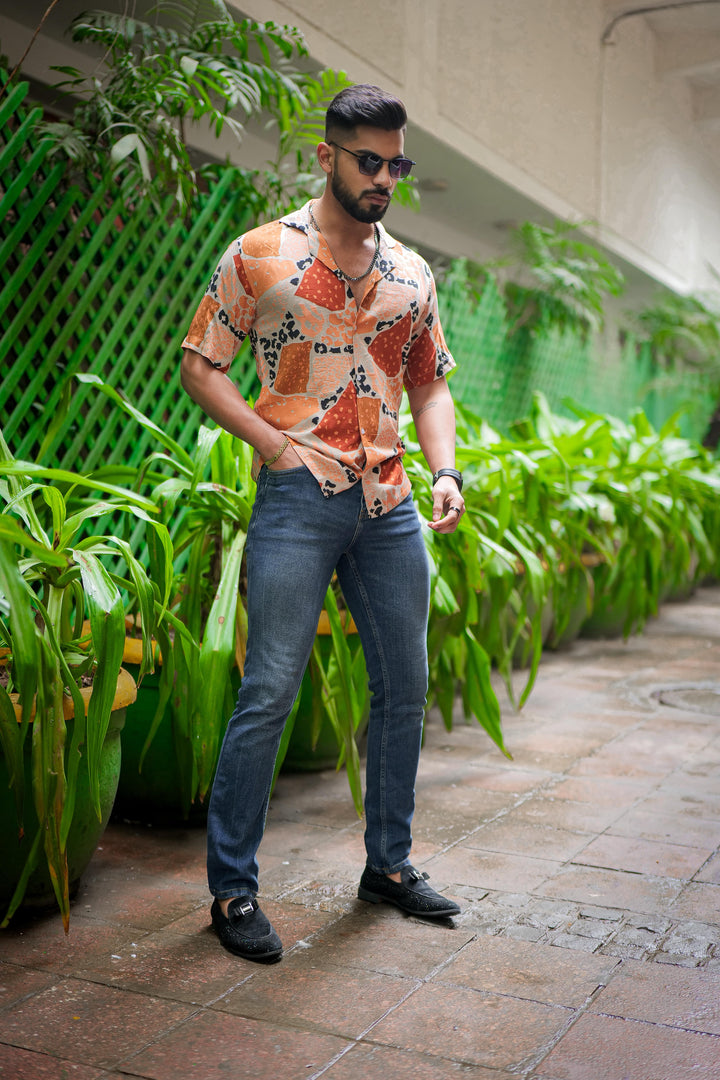 Brown And White Print Super Soft Premium Cuban Collar Half Sleeve Shirt - ROYALTAIL