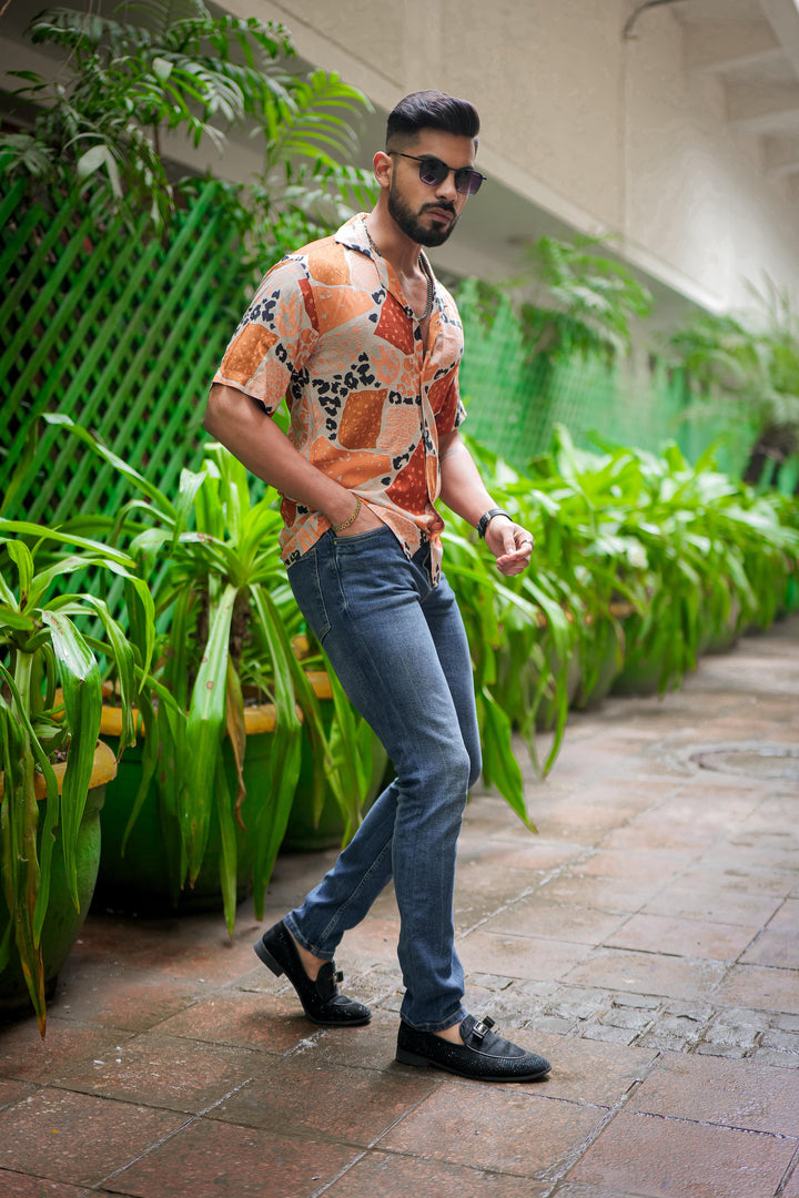 Brown And White Print Super Soft Premium Cuban Collar Half Sleeve Shirt - ROYALTAIL
