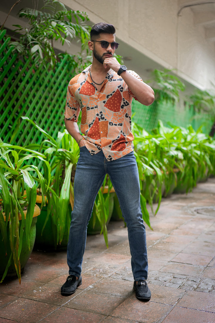 Brown And White Print Super Soft Premium Cuban Collar Half Sleeve Shirt - ROYALTAIL
