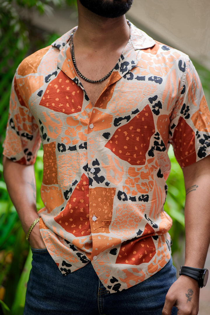 Brown And White Print Super Soft Premium Cuban Collar Half Sleeve Shirt - ROYALTAIL