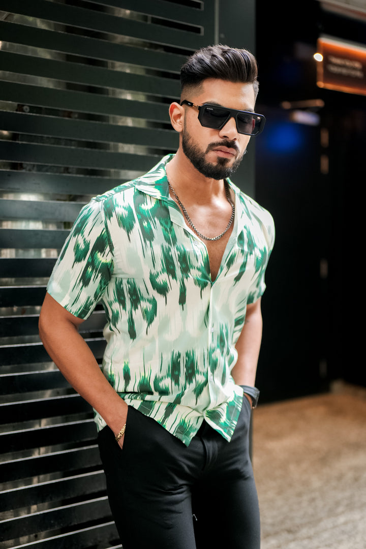 Green Matrix Print Super Soft Premium Cuban Collar Half Sleeve Shirt - ROYALTAIL