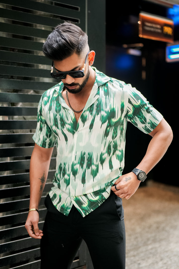Green Matrix Print Super Soft Premium Cuban Collar Half Sleeve Shirt - ROYALTAIL