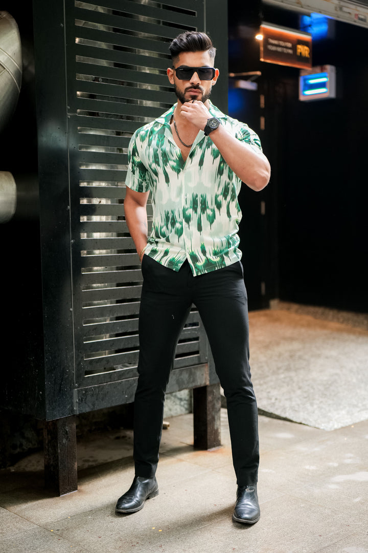 Green Matrix Print Super Soft Premium Cuban Collar Half Sleeve Shirt - ROYALTAIL